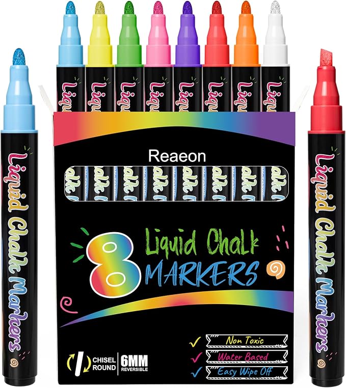 Reaeon Chalk Markers, Vibrant Color Liquid Chalk Pens, for Chalkboard, Blackboard, Window, Glass, Mirror, Water-Based, Non-Toxic, 6mm Reversible Tip, 8 Pack
