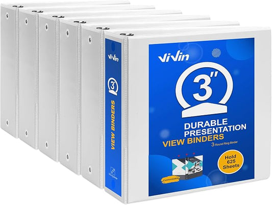 ViVin 3 Ring Binder 3 Inch, 6 Pack, White | Clear View Cover, Large 3" Round Ring for Strength, Holds 600 Sheets of US Letter Size Paper, Office Home School Use