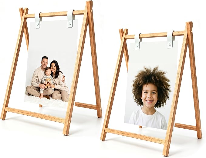 Natural Wood A-Frame Photo Frame set, Freestanding Stand for 4x6 5x7 Photos | Creative Minimalist Wooden Tabletop Photo Holder Set, Picture Stand for Family Photos, Desk, Office, Home & Bedroom Decor