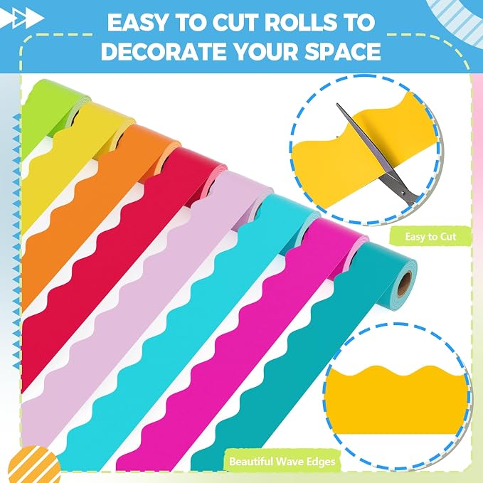Bulletin Board Borders, 8 Rolls 262.4 Ft Rainbow Scalloped Classroom Decor | Colorful Bulletin Board Decorations for Classroom, School, Office, Blackboard, Whiteboard Trim & Home, Posters, Board Trim