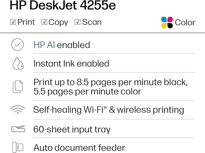 HP DeskJet 4255e Wireless All-in-One Color Inkjet Printer, Scanner, Copier, Best-for-home, 3 month Instant Ink trial included. This printer is only 2.4 ghz capable. AI-enabled (588S6A)