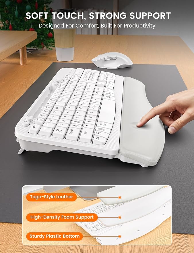 Wireless Keyboard and Mouse Combo with Ergonomic Wave Key | Leather Soft Palm Rest, Rechargeable, 4-Level DPI, Phone Holder, 2.4GHz, MA22 Plus Full Size Set for PC, Laptop, Windows, Mac