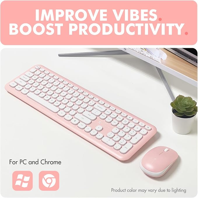X9 Pink Keyboard and Mouse Wireless | Cute Wireless Keyboard and Mouse Combo - Transform Your Space with a Colorful Keyboard and Mouse Set for PC Laptop and Chrome (Pink/White)