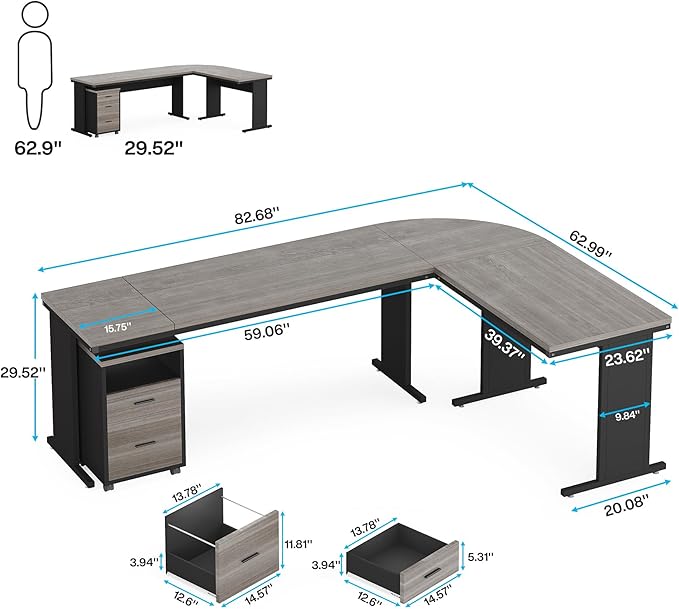 Tribesigns 83" L-Shaped Executive Desk, Large Office Desk with Drawes, Industrial Corner Computer Table with File Cabinet, Business Workstation for Home Office (Gray, 83")