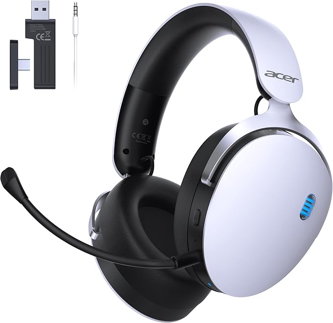 acer 2.4GHz Wireless Gaming Headsets for PS5, PS4, PC, Switch, 3 in 1 Gaming Headphones with Noise Canceling Mic, Stereo Sound, 40+Hr Battery, 50mm Drivers - White