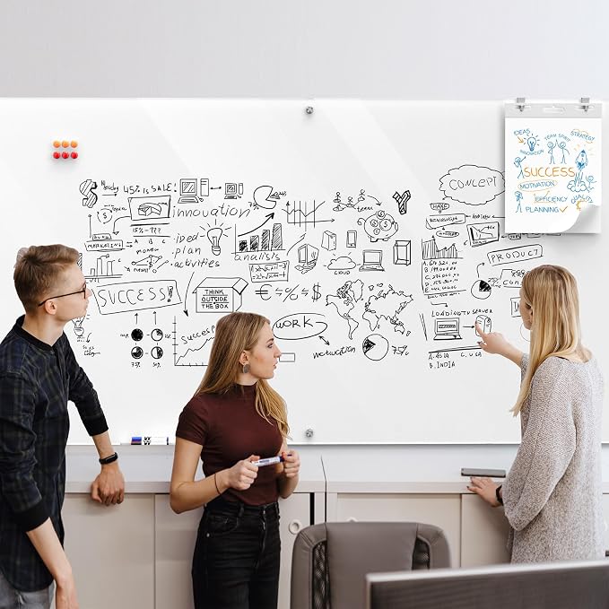 MaxGear 96" x 48" Glass Whiteboard Wall Mounted for Office Home Classroom | Magnetic Glass Dry Erase Board, Tempered Glass, Steel Backed, Non-Porous Surface, Frameless Design, Hardware Included