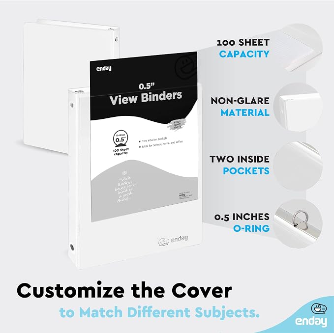 Enday 1/2 Inch Binder, White 3 Ring Binder, 0.5 Inch Heavy Duty Three Ring Binder, 100 Sheets Capacity - for Home School and Office