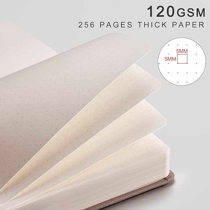 EMSHOI Dotted Journal Notebook, 256 Pages, 120 GSM Thick Paper, A5 Small 5.75"x8.38", PU Leather Hardcover, 5mm Dot Grid Notebook for Journaling, Planning, Drawing, Writing, Khaki