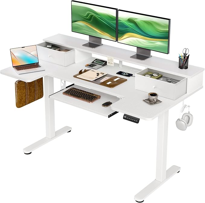 55 Inch U Shape Standing Desk with Keyboard Tray & Drawers, White | Power Outlet, Dual-Monitor Stand, LED Light, 3 Presets, 28.3"-46.5"in Range, 154 lb Capacity