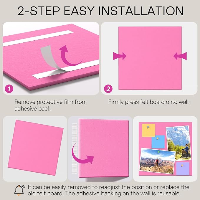 MaxGear Felt Bulletin Board 48" x 36", Pink Felt Wall Tiles Wall Decor | Modern Cork Board For Office Alternative, 12 Pack 11.8" x 11.8" Wall Panels With Push Pins, Vision Board Office & Home Decor