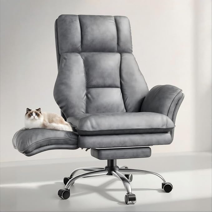 Big and Tall Office Chair, Flip Armrests for Pets & Cross Legged Sitting | Executive Ergonomic Computer Gaming Chair with Foot Rest, Tech Fabric Wide Seat Reclining Desk Chair，Grey