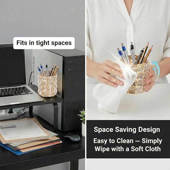 YAGELI Crystal Pen Holder for Desk, 3.58" Gold/Silver Pencil Cup | Crystal & metal base. Holds pens, pencils, makeup brushes, art supply. Easy to clean. Elegant decor for desk, vanity, office