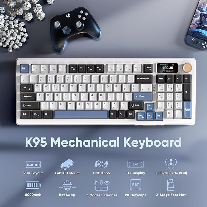 RedThunder K95 Wireless Mechanical Keyboard, TFT Screen & Knob, Tri-Mode BT5.0/2.4GHz/USB-C Hot Swappable Custom, Pre-lubed Linear Switches, Gasket Structure, RGB Gaming Keyboard, Snowy White-Blue
