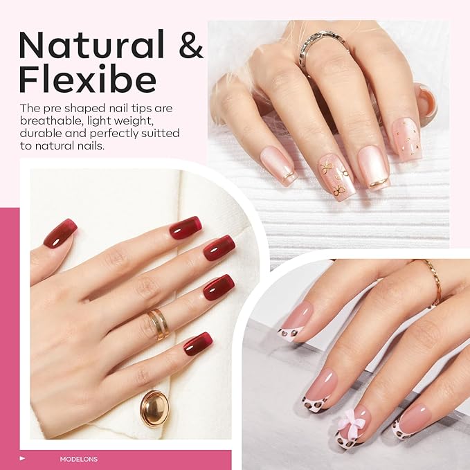 modelones X Nail Gel Kit Kit Short Square, 9-in-One Nail Glue with Portable U V Lamp 216Pcs 12Sizes Pre-Etched Press ons Fake Acrylic Extension Kit DIY Salon Gift for Women