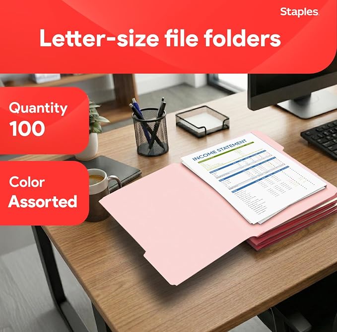Staples Colored File Folders, Letter Size, 3-Tab Top-Tab, 100/Pk | Durable 10.5-point paper stock for everyday office document filing.