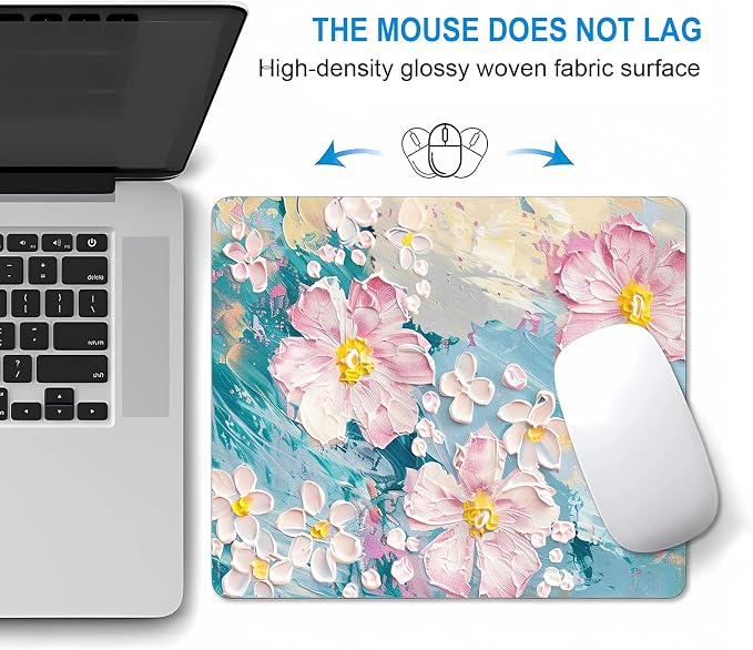 Square Pink Flowers Mouse Pad Cute, Watercolor Floral Computer Mouse Pads Small, Abstract Blue Mousepad Washable, Non-Slip Rubber Base Mouse Mat, Beautiful Office Decor Gift for Women Girls Coworkers