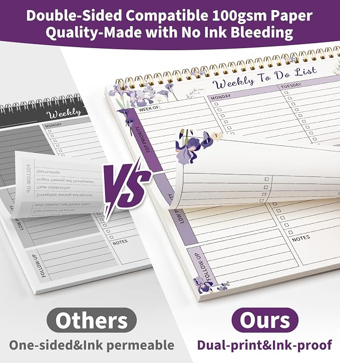 104 Pgs Weekly To Do List Notepad 52 Duplex-Printed Undated Sheets 100 GSM | （8.5"×11") Weekly Desk Planner For Work Home School Office Desk Accessories Supplies & Goal Setting Tasks - Purple Iris