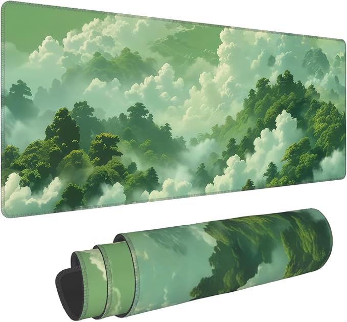 Green Forest Mouse Pad,Large Misty Mountain Nature Deskmat,31.5x12in | Extended Gaming Aesthetic Office Desk Decor Micro Woven Cloth Mouse Mat with Non-Slip Base and Stitched Edge,80x30 cm