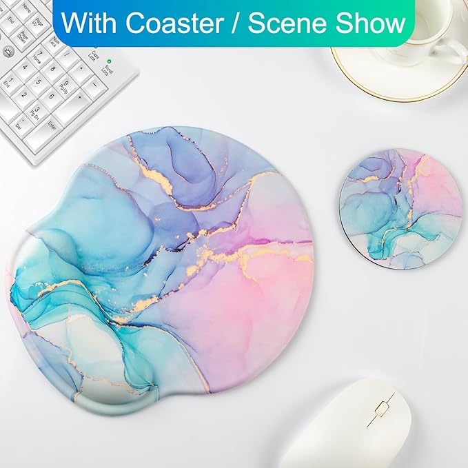 Ergonomic Mouse Pad with Wrist Support Rest,Large Mousepad Gel Wrist Rest, with Coaster Non-Slip & Pain Relief for Computer, Desk, Home&Office-Blue Marble