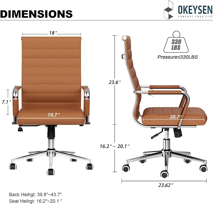 Okeysen Office Desk Chair, Ergonomic Leather Modern Conference Room Chairs, Executive Ribbed Height Adjustable Swivel Rolling Chair for Home Office Set of 20. (Brown)