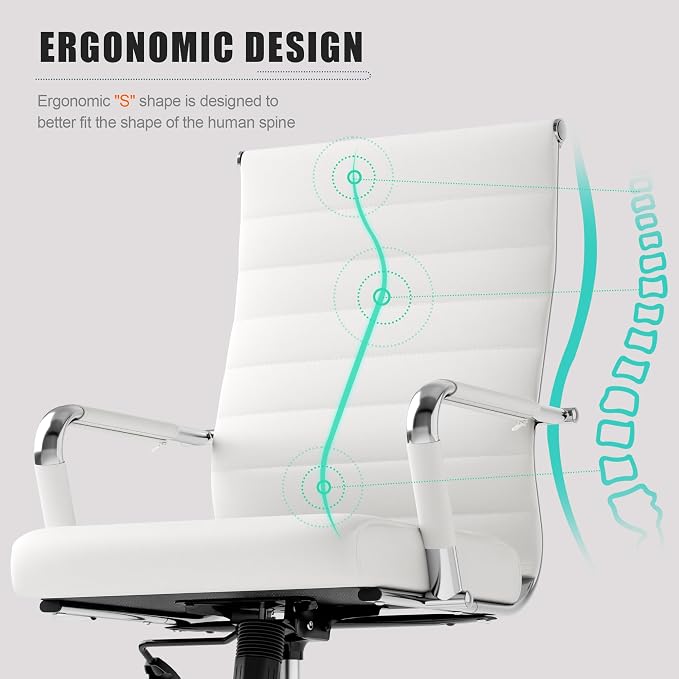 Okeysen Office Desk Chair, Ergonomic Leather Modern Conference Room Chairs, Executive Ribbed Height Adjustable Swivel Rolling Chair for Home Office Set of 1. (White)