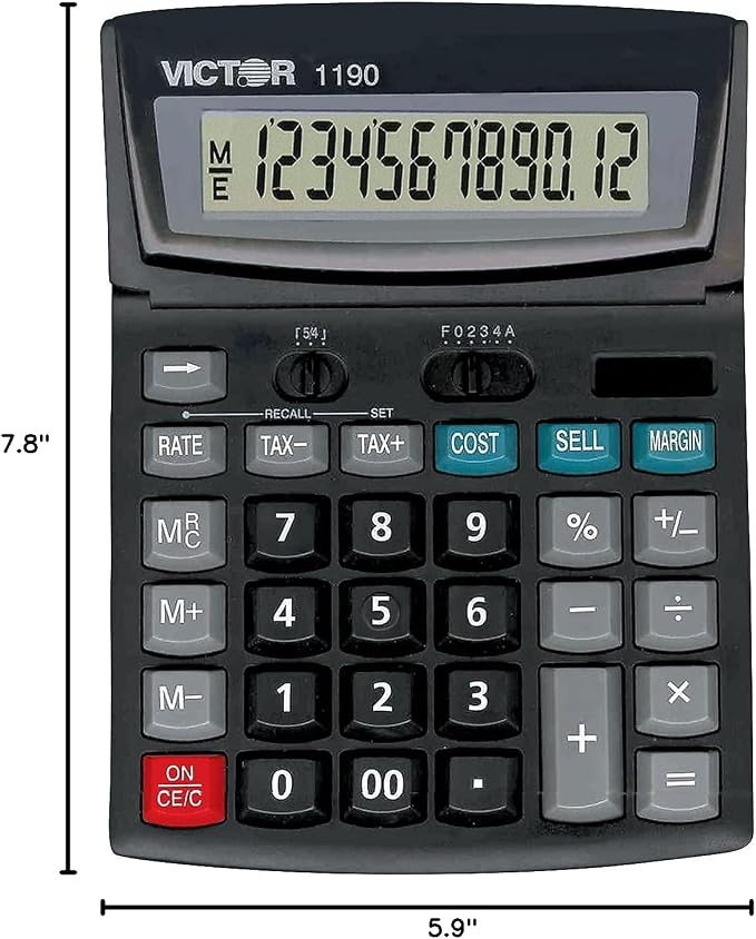 Victor 12-Digit Dual Power Desktop Calculator, Tilt LCD Display, Executive Desktop Calculator, 7.8 x 5.9-Inches, Black (1190)