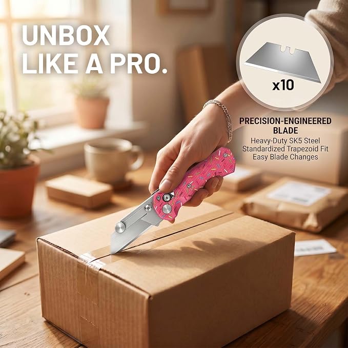 Folding Utility Knife, Pocket Knife, Box cutter Knife with Pocket & Rail Lock, Durable Razor Knife for Home Office Warehouse Everyday Carry, Gift for Men Women（Pink Donuts）