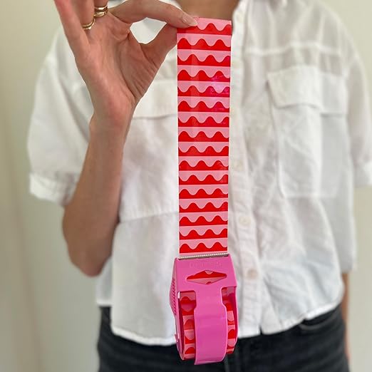Decorative Packing Tape with Pink Dispenser – Pink & Red Wavy Pattern, 1.88" x 22.2 Yards – Cute Printed Shipping Tape for Gifts, Small Business Essentials, and Mailers