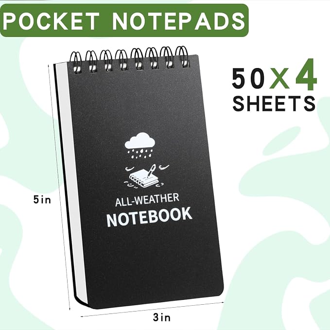 Waterproof Notebook, 4 Pack Pocket Notepad, 3" x 5 Top-Spiral NotePad Black | Weatherproof All Weather Police Pocket Notebook Mini Memo Steno Note Pads for Outdoor Office School Recording