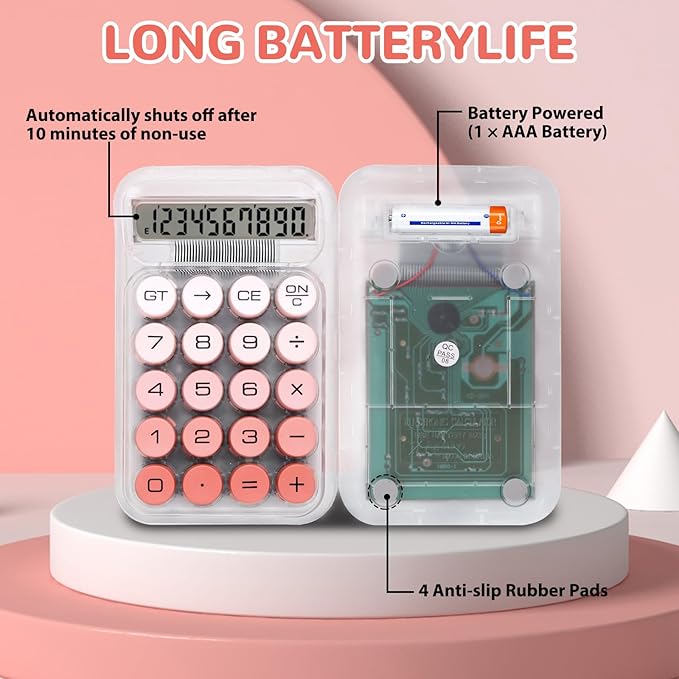 Cute Calculator, Mechanical Switch Calculator, Calculators Desktop 10 Digits, Desk Calculators with Big Buttons and LCD Display, Battery Power,Ideal for School Home Office Basic(Pink)