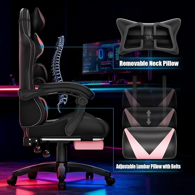 Gaming Chair, RGB LED Lights Computer Chair with Footrest, Lumbar Support Massager Gamer Chair, High Back, 90-135° Reclining, Linkage Armrests, Pink