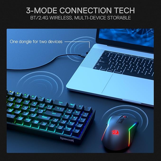 Redragon S136 Gaming Keyboard & Mouse Combo, 75% K628 Tri-Mode Wireless RGB Mechanical Keyboard and 7200 DPI Wireless Gaming Mouse Bundle, Convenient Shared Dongle