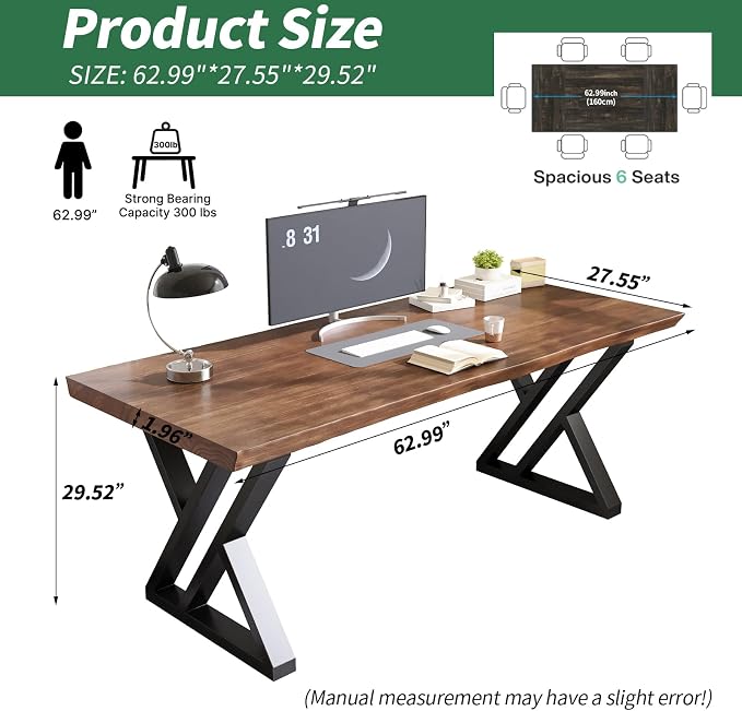 Solid Wood Desk 63 Inches, Live Edge Wooden Home Office Computer Desk Metal Frame Modern Simple Design Executive Real Wood Desk for Writing Study Dining Gaming