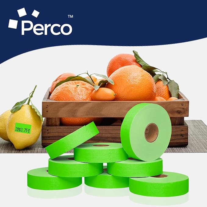 Perco Fluorescent Green Pricing Labels for Monarch 1131 Price Gun - 1 Sleeve, 8 Rolls, 20,000 Price Marking Labels - with Ink Roll Included