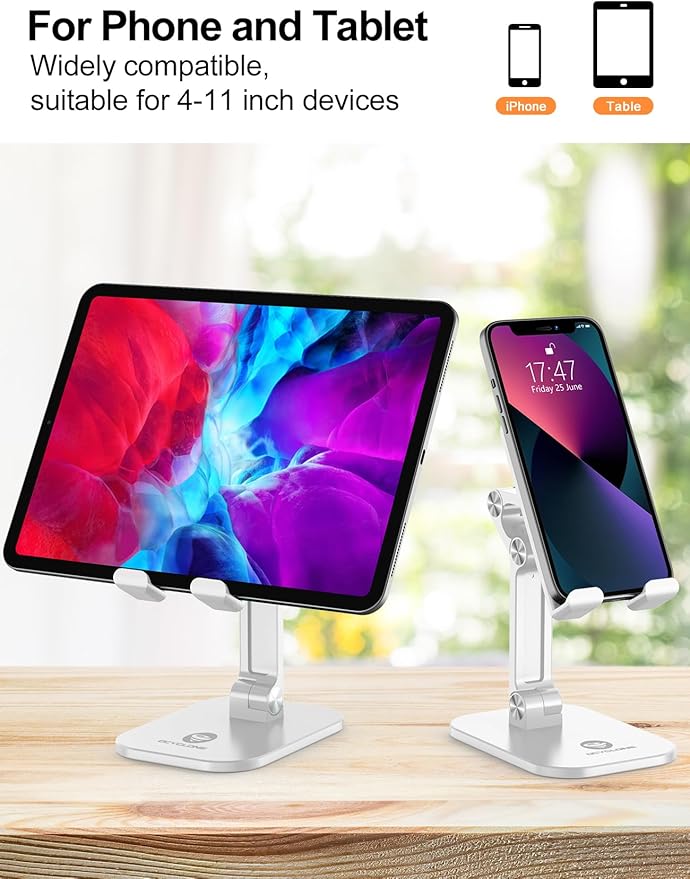 OCYCLONE Phone Stand, Adjustable Height and Angle Foldable Cell Phone Stand Holder for Desk, Taller iPhone Stand Compatible with 4.7"-13" Smartphones iPad Tablet, White