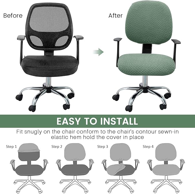 MIFXIN Computer Office Chair Cover Stretch Elastic Slipcover 2 Piece Stretchy Jacquard Computer Chair Seat Covers Protector for Home Office Rotating Chair, Only Covers, NO Chair (Green)