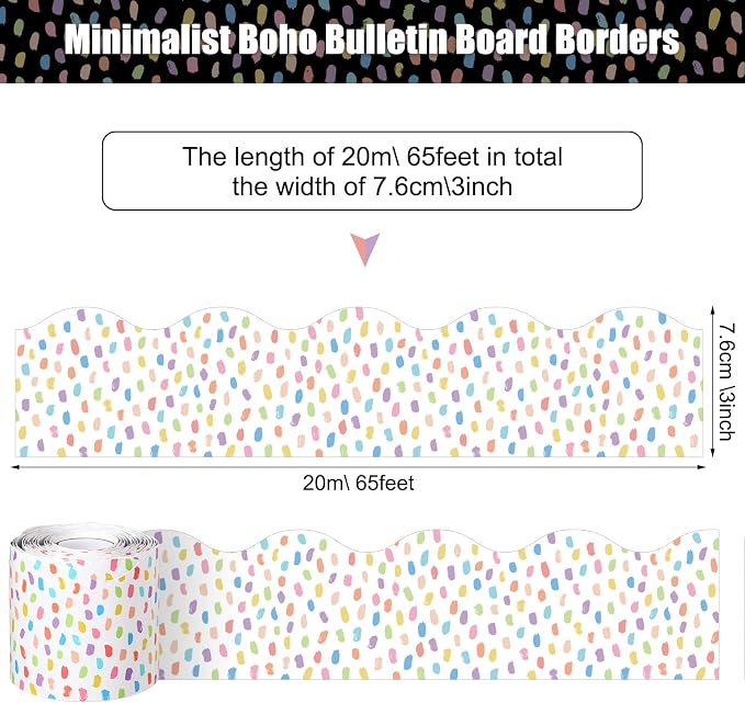 Zonon 65 Feet Bulletin Board Borders Rainbow Dots Scalloped Wavy Trim | Polka Dot Design for Classroom, Back to School Borders, Straight Wavy Rolled Trim, Colorful Displays for Blackboard
