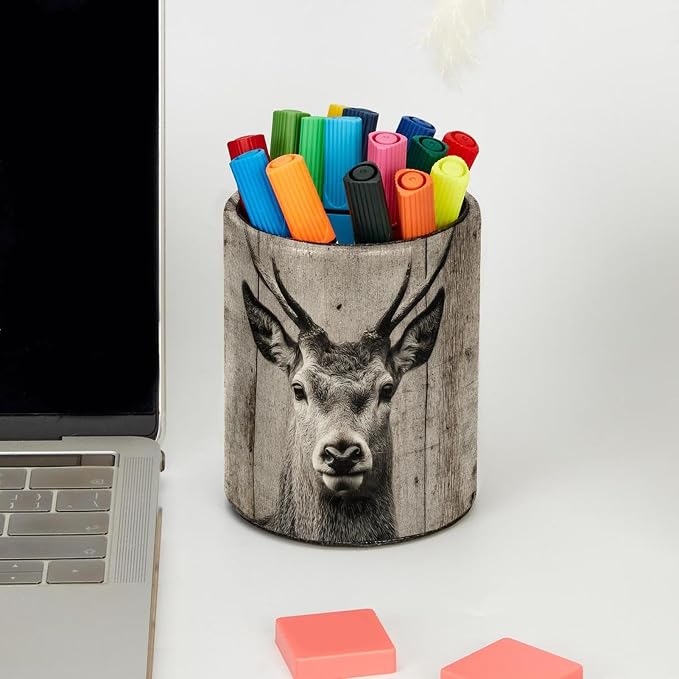 Leather Pen Holder for Desk, Ancient Wooden Wall Deer Pencil Cup Pen Organizer Makeup Brush Holder for Office Home Kids Countertop Desk Accessory Storage