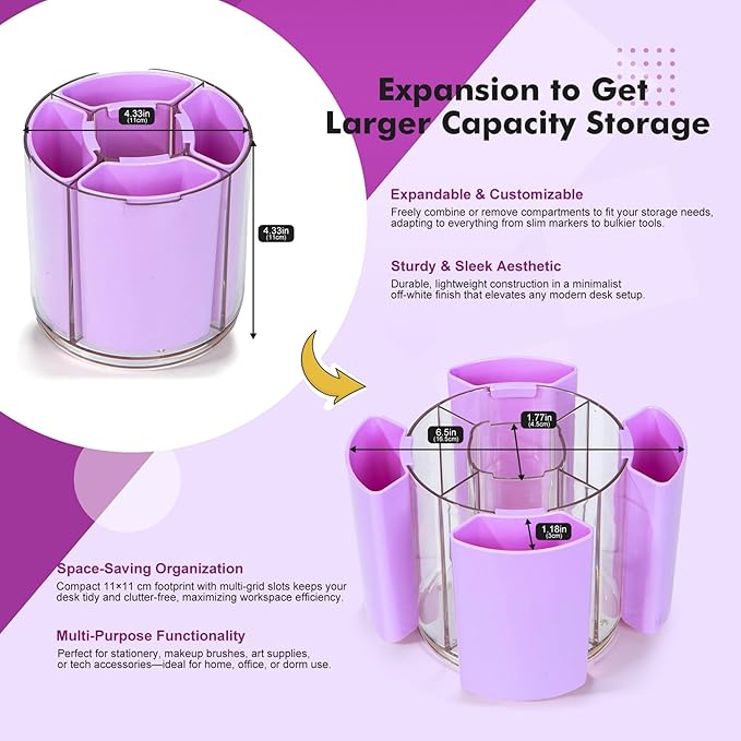Comix 360° Rotating Pen Holder for Desk, Pencil Holder with 5 Slots, Cute Purple Plastic Desk Organizer for Home School Office Supplies