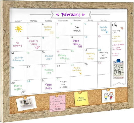 Dry Erase Calendar Whiteboard for Wall, Small Combination Magnetic Dry Erase White Board & Bulletin Board, 13" x 17" Rustic Brown Frame Calendar/Cork Combo Board(RB-3343)