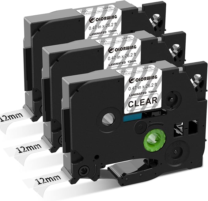Compatible with Brother Label Maker Tape Clear TZ Tape 12mm 0.47 Laminated | TZe-131 TZ131 P Touch Label Tape Black on Clear for PTouch PT-D210 H110 H103w D220 D410 Refills, 1/2 Inch 26.2 Ft, 3-Pack