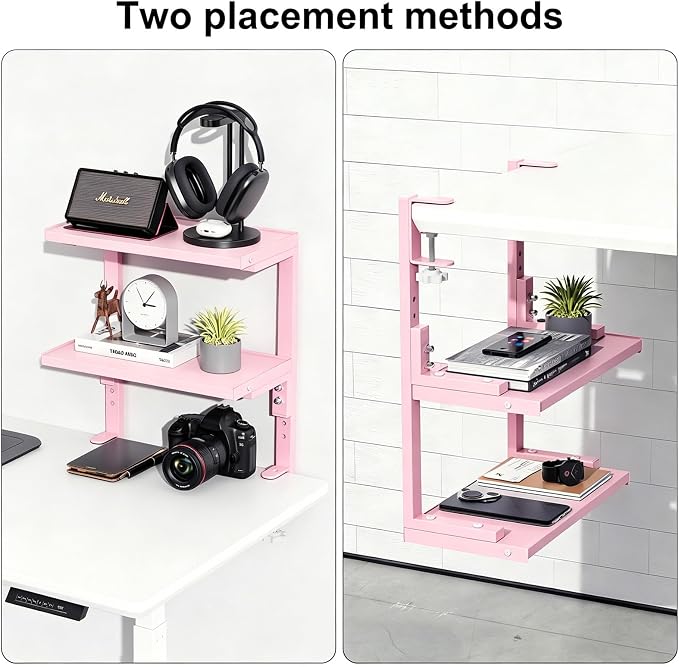 Spacrea Clamp on Desk Shelf, 2 Tier Office Desk Shelves Organizer, Wood Desktop Supplies Storage Rack, Desk Organizers and Accessories (Pink)