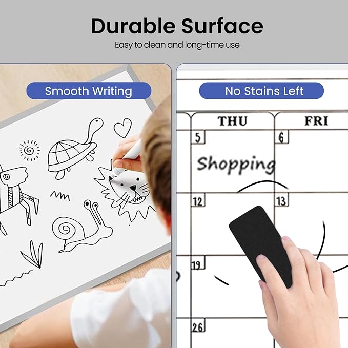 Monthly Calendar Dry Erase Board for Wall, 16"x12" Double-Sided Magnetic Calendar White Board with Hooks, Silver Aluminum Alloy Frame Hanging Whiteboard for Office, Home, School