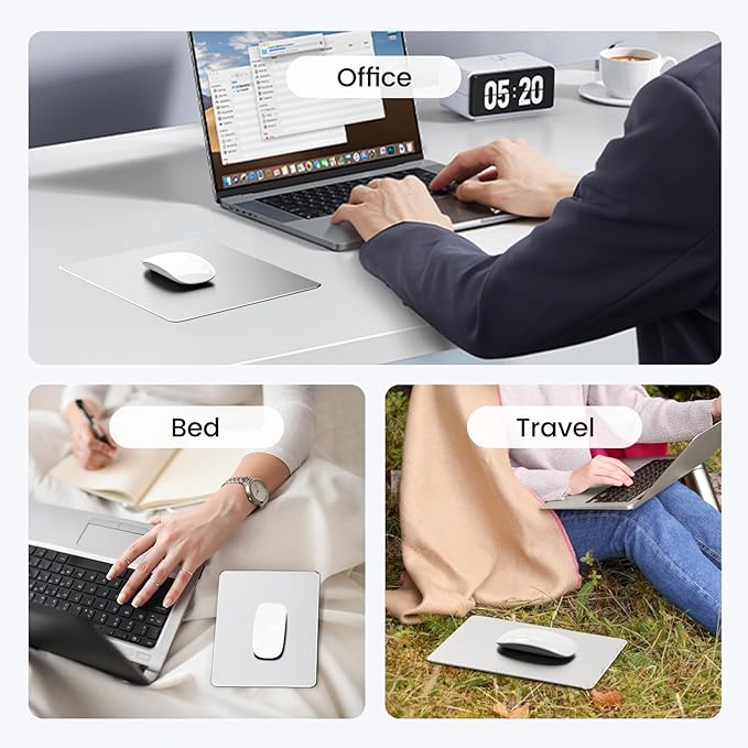 HONKID Hard Metal Mouse Pad for Desk, Aesthetic Rigid Mouse Pad for Magic Mouse and Pro/Air with Stable Rubber Base, Aluminum Mousepad for Travel and Home Office (Silver)