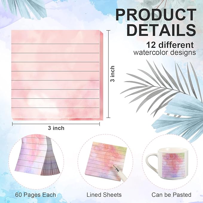 720 Pieces 12 Pads Watercolor Sticky Note Pads 3 x 3 Inch Lined Sticky Notes Watercolor Self Stick Notes with Lines Memo Pads Colorful for School Office Desktop Stationery Students Writing Supplies