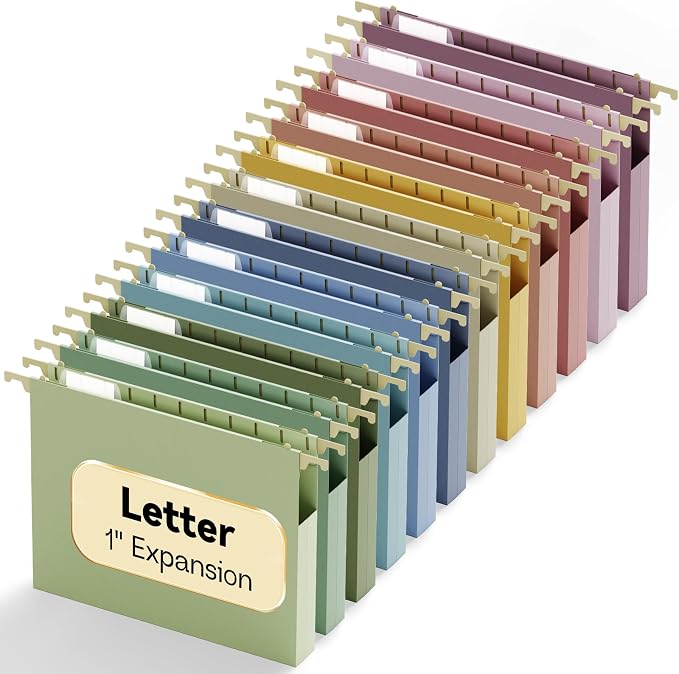Plastic Hanging File Folders Letter Size,12 Pack Reinforced Filing Cabinet Folders with Tabs,1" Expansion Hanging File Organizer for Home Office,Macaron Heavy Duty Folders for File Frame Box