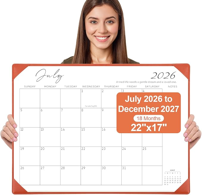 Gannyfer Large Desk Calendar 2026-2027 with Desktop Mat, Simplified 22" x 17" Desktop Pad Calendar, 18 Month Table Calendar from Jul 2026 to Dec 2027 (Orange Color)