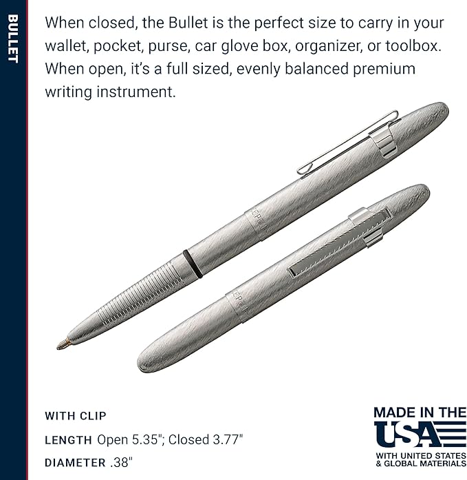Fisher Space Pen Brushed Chrome Bullet Pen, Pressurized Ballpoint Pen, Compact Size, Writes Upside Down, Extreme Temperatures, Smooth Black Ink, Medium Point, Pocket Clip, Gift Box, Made in USA