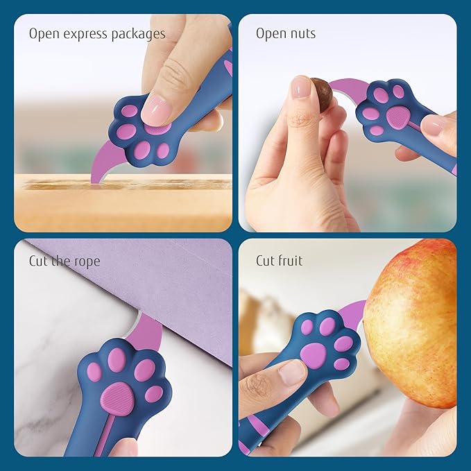Cat Paw Box Cutter Retractable with Cat Paw Handle, Multifunctional Knife Set (Peacock blue)