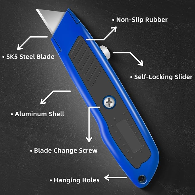 DIYSELF 2 Pack Box Cutter, Heavy Duty Utility Knife for Construction, Carpet, Cardboard, Retractable Aluminum Box Knife, Razor Blade Opener (Blue)
